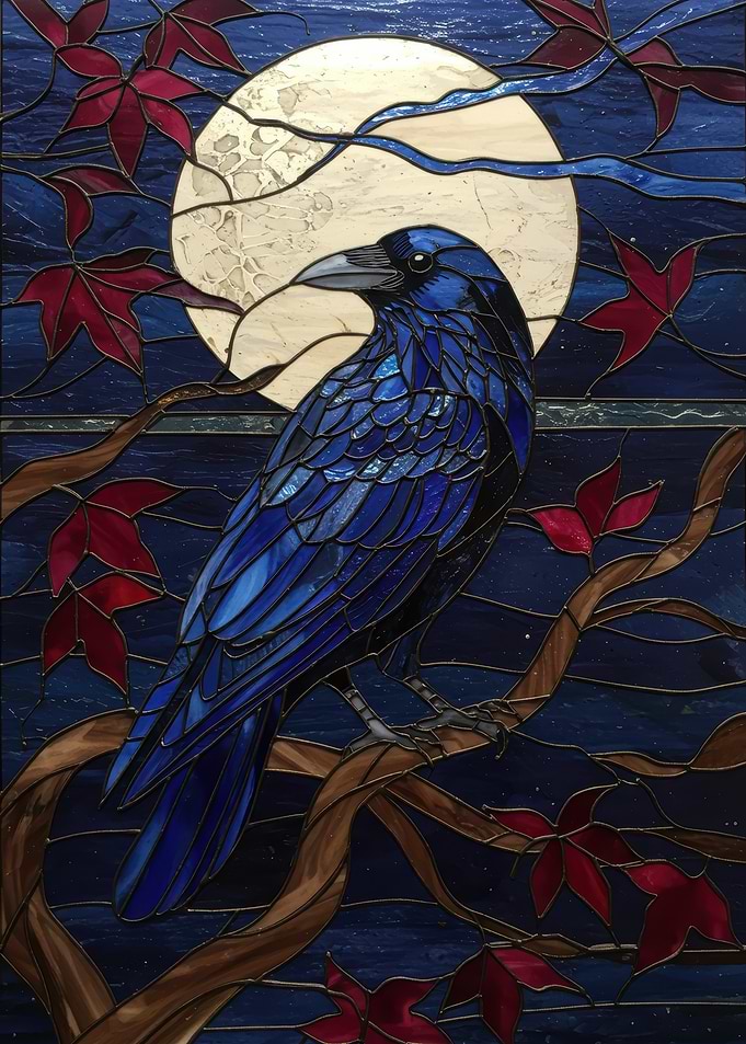 Stained Glass Raven and Moon