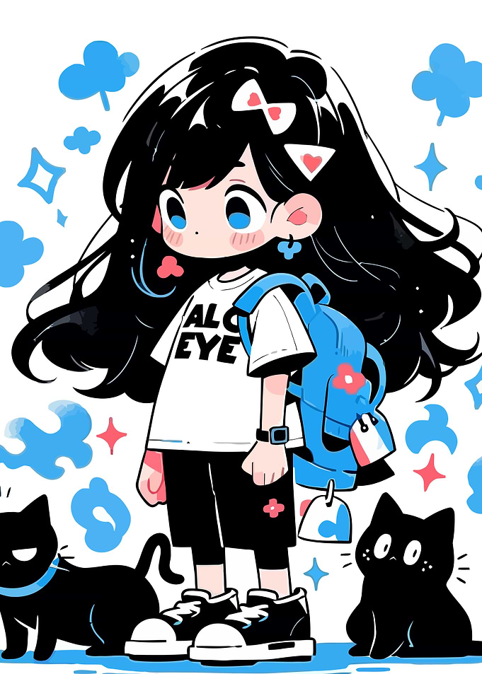 Anime Girl with Cats and Backpack