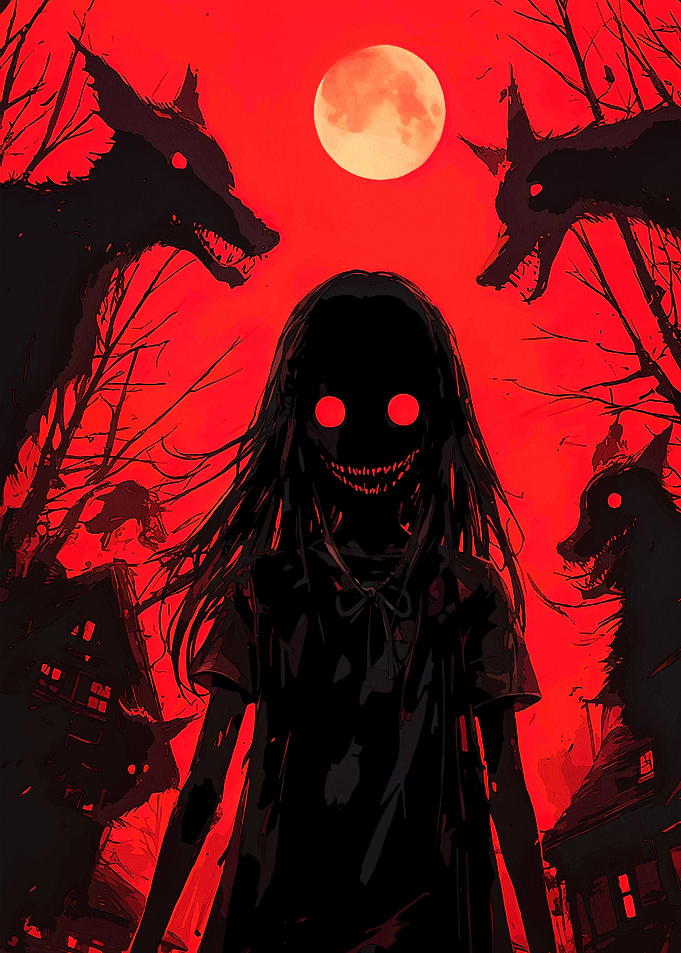 Creepy Girl Wolves Moon