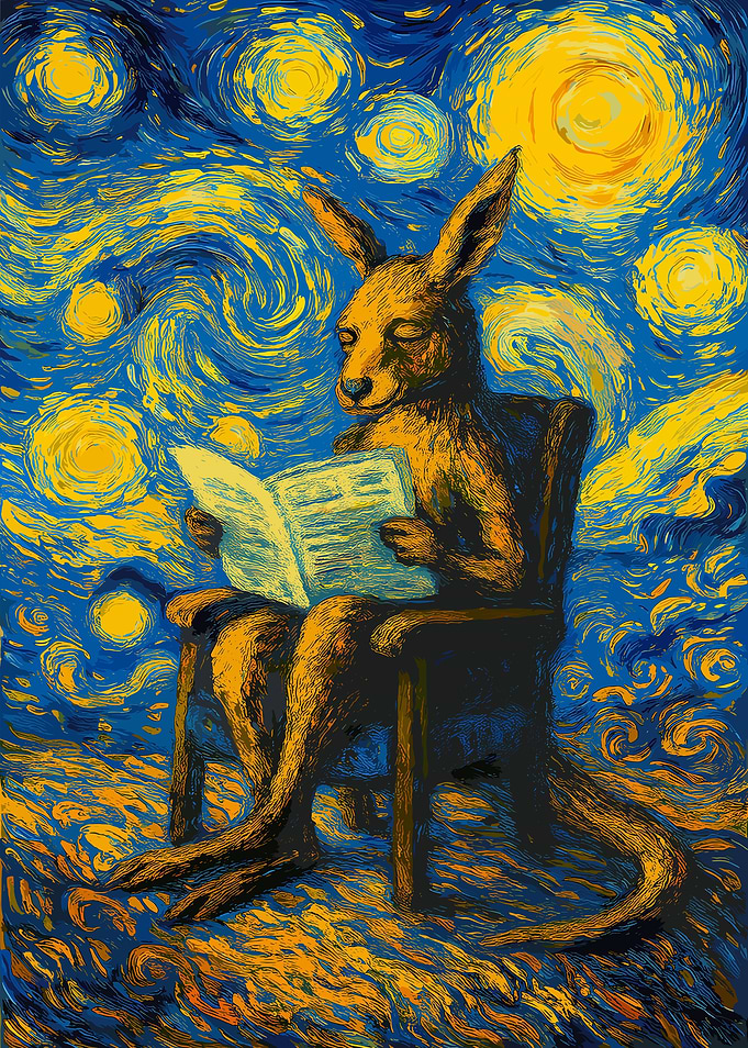 Kangaroo Reading Book Starry Night Style