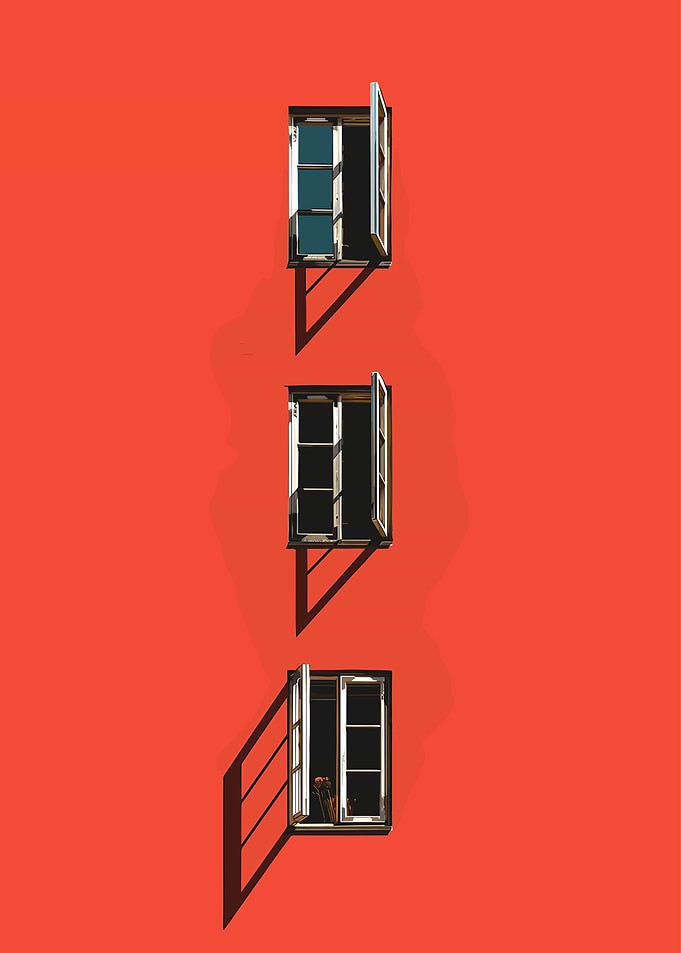 Three Windows on Red Wall