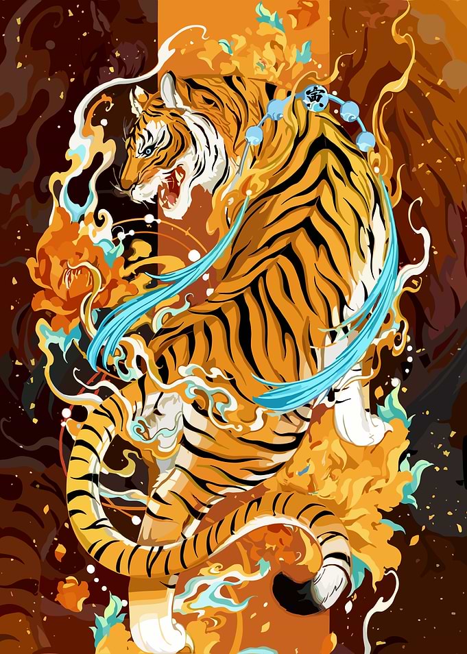 Roaring Tiger with Floral Accents