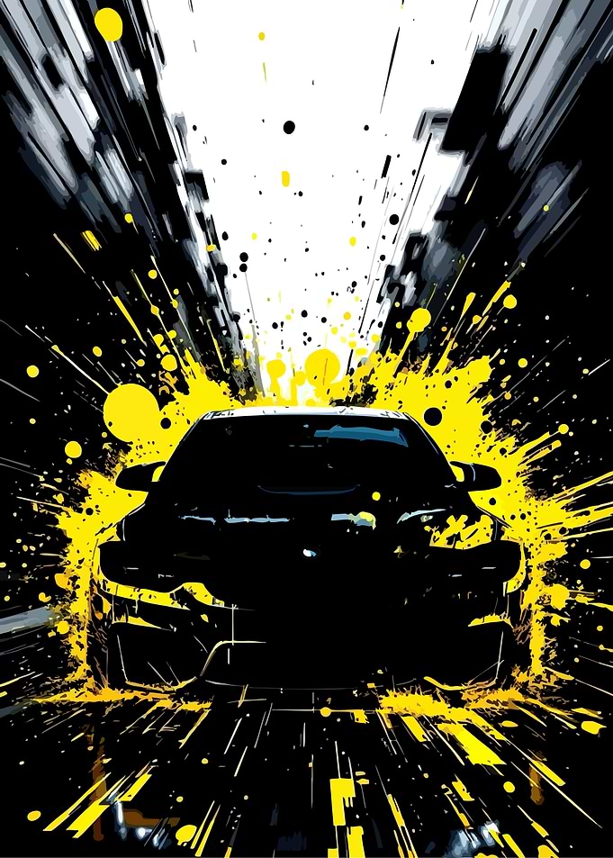 Black Car with Yellow Splatter Effect
