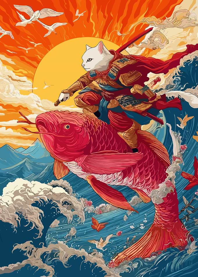 Cat Samurai Riding a Red Fish