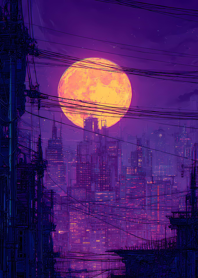 Cyberpunk Cityscape with Full Moon