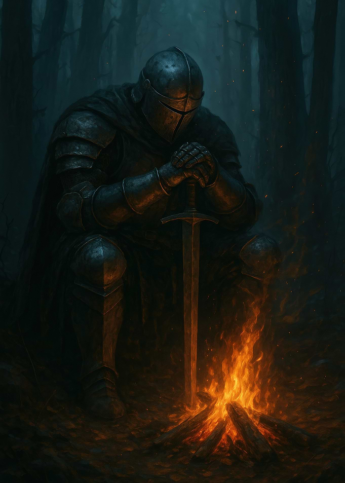 Knight by Campfire in Dark Forest
