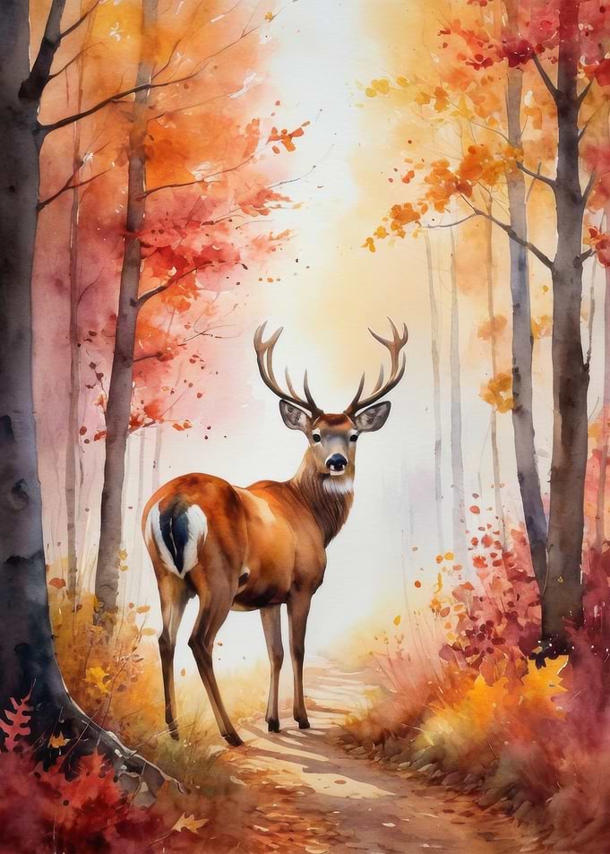 Deer in Autumn Watercolor Painting