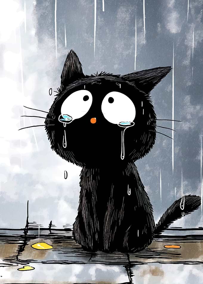 Sad Black Cat in the Rain