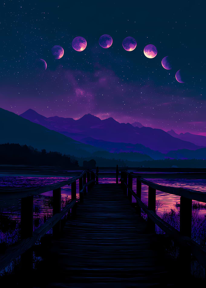 Moon Phases Over Mountain Lake