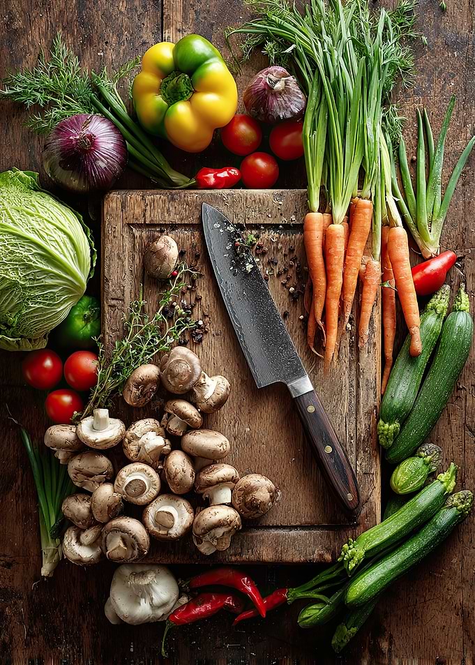 Fresh Vegetables and Knife on Wood