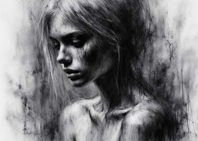 Gravity of love - Monochrome charcoal Portrait Drawing of a Woman