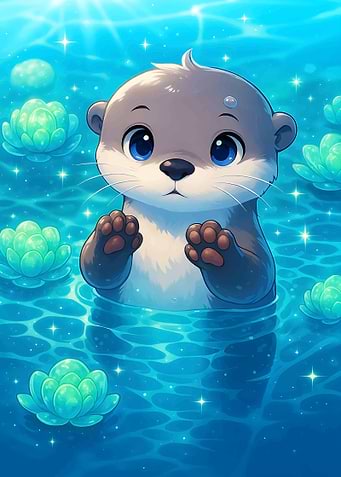 Cute Otter in Water Lilies