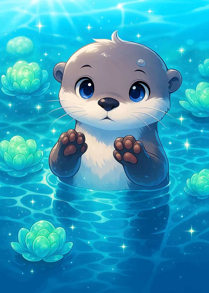 Cute Otter in Water Lilies
