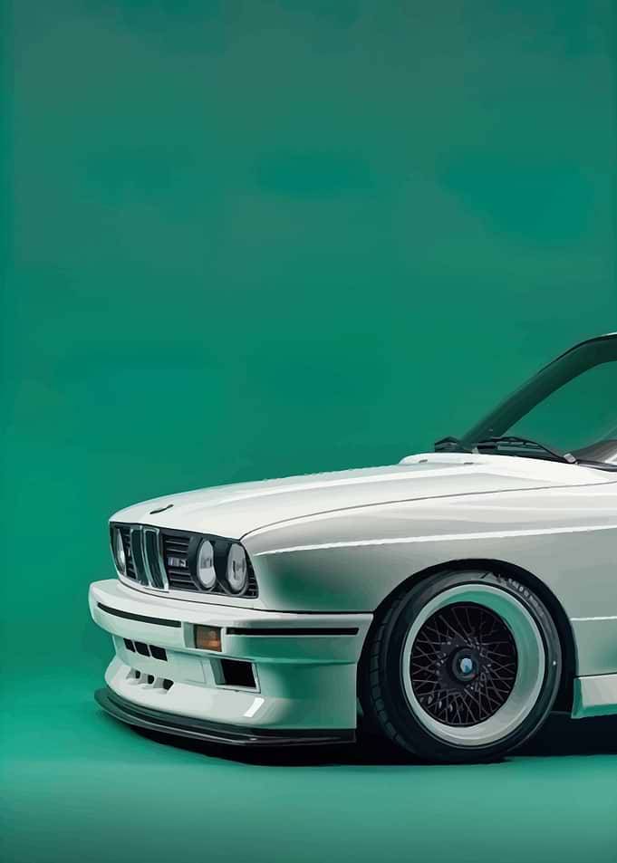 White BMW E30 on Green Background