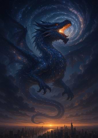 Cosmic Dragon Over Cityscape