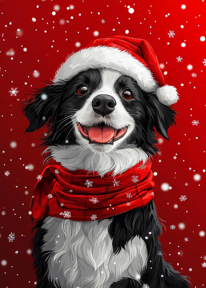 Border Collie with Santa Hat | Smiling Christmas Dog Print