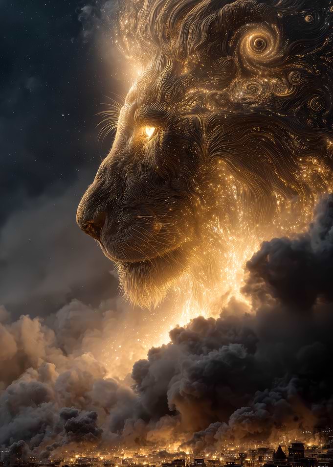 Celestial Lion Over Cityscape