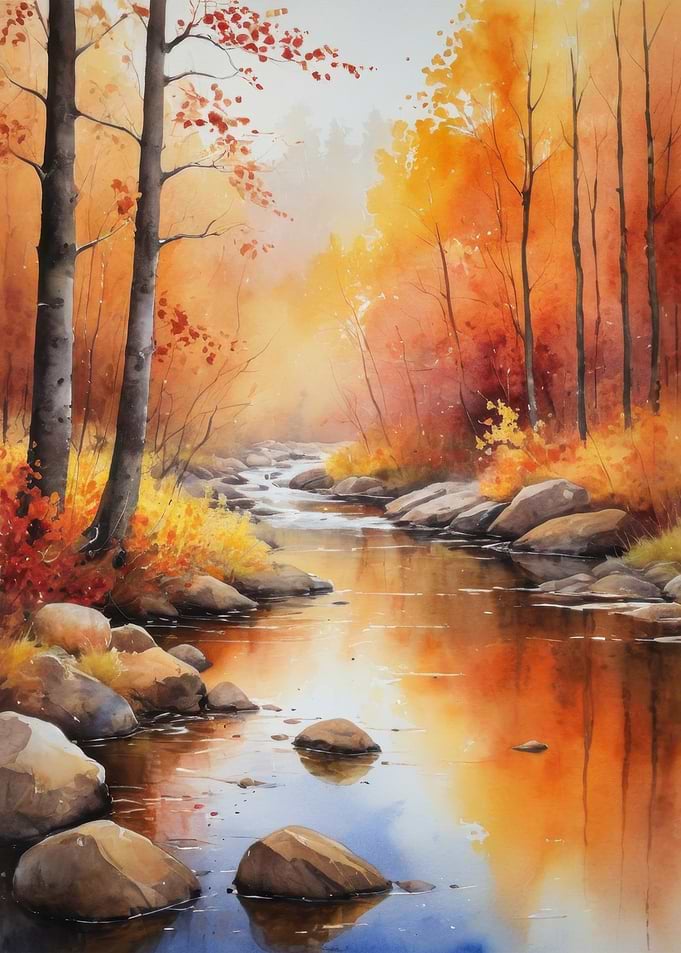 Autumn River Watercolor Landscape