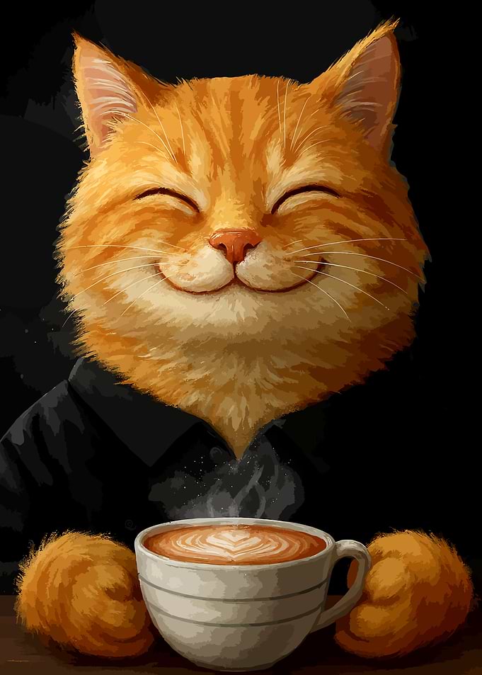 Smiling Cat with Coffee
