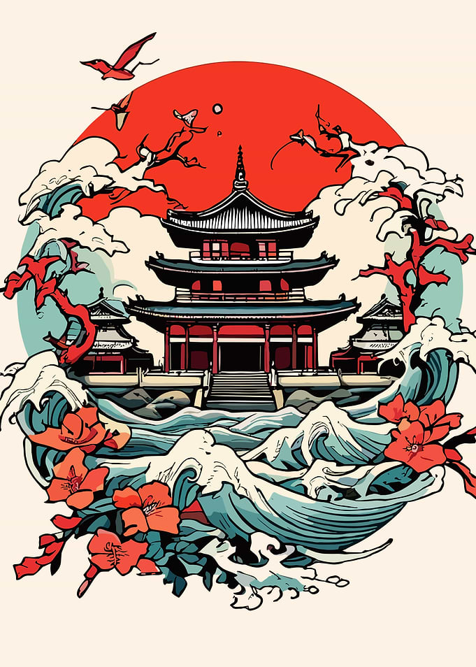 Japanese Temple with Waves and Flowers