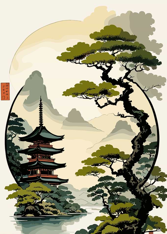 Japanese Pagoda Landscape Art