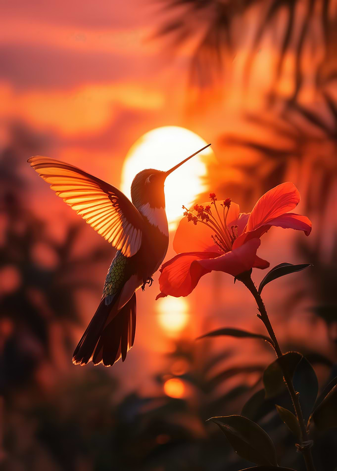 Hummingbird and Flower at Sunset