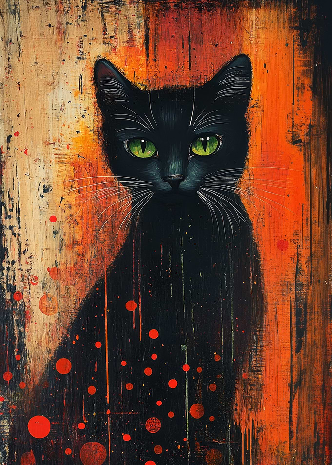 Black Cat with Green Eyes Painting | Mystical Folk Feline Art