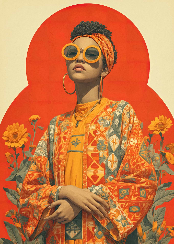 Retro Fashion Portrait with Floral Accents