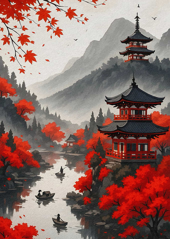 Japanese Pagodas and Autumn Landscape
