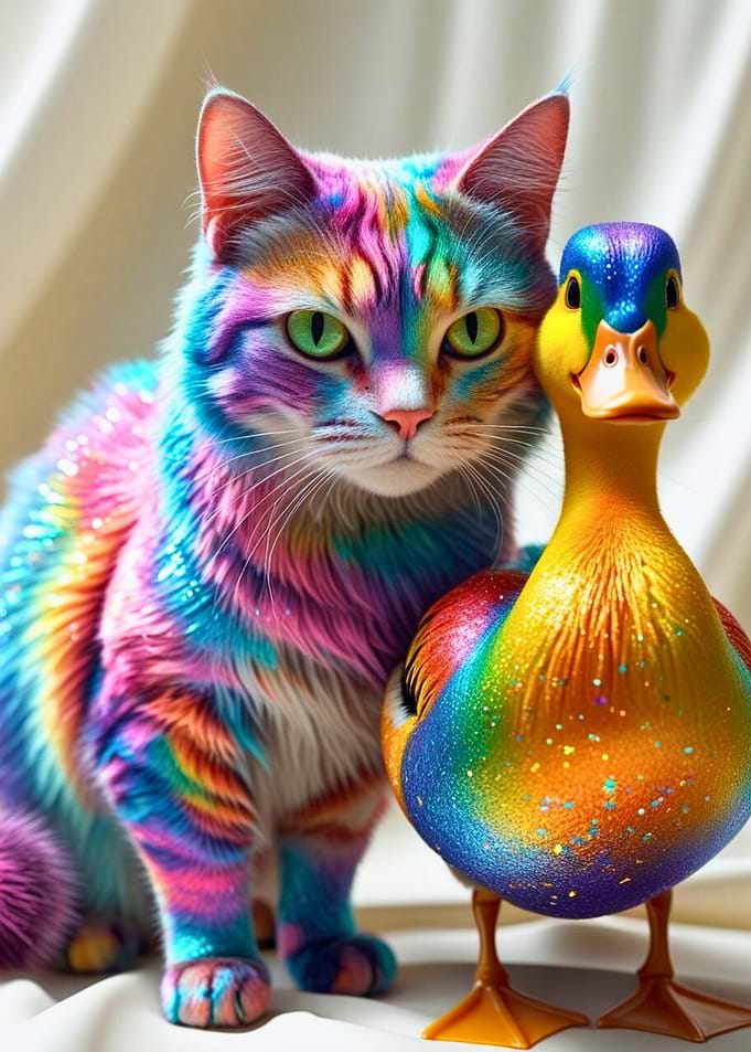 Rainbow Cat and Duck Figurine