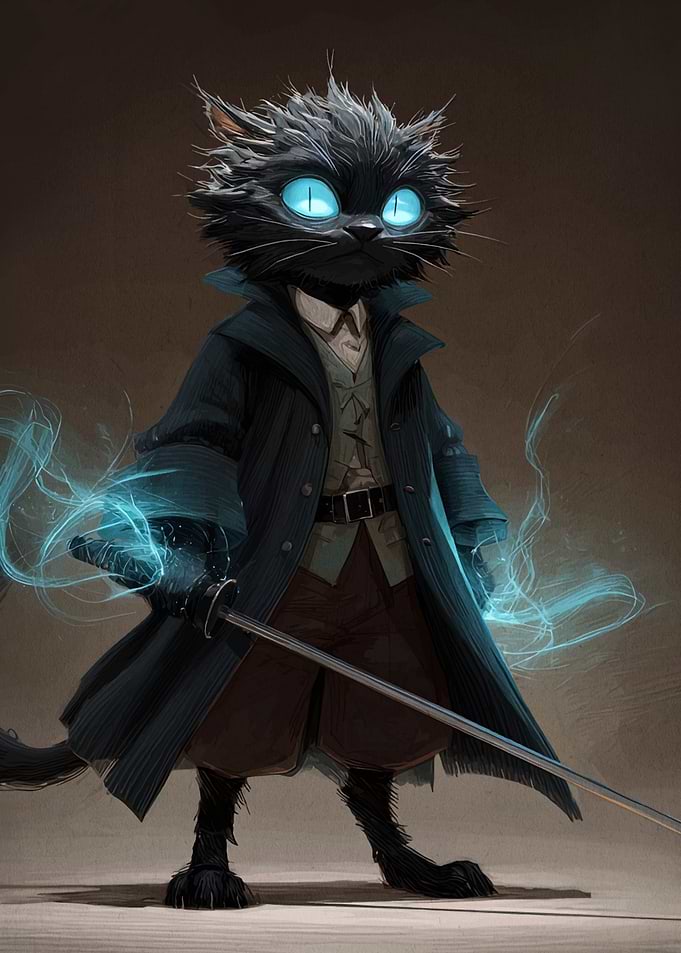 Anthropomorphic Cat Swordsman with Magic