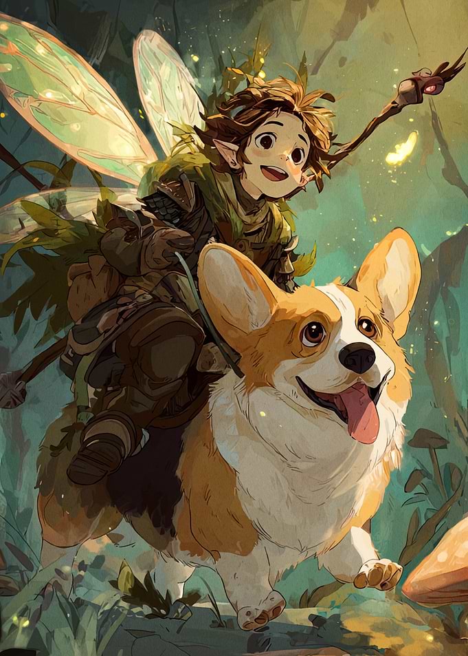 Fairy riding a corgi through forest