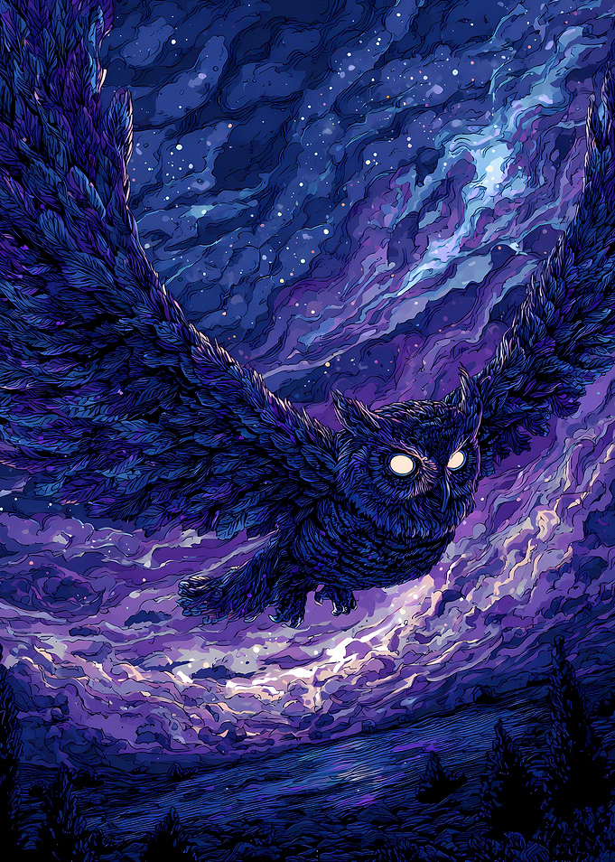 Owl in Flight Under Starry Sky