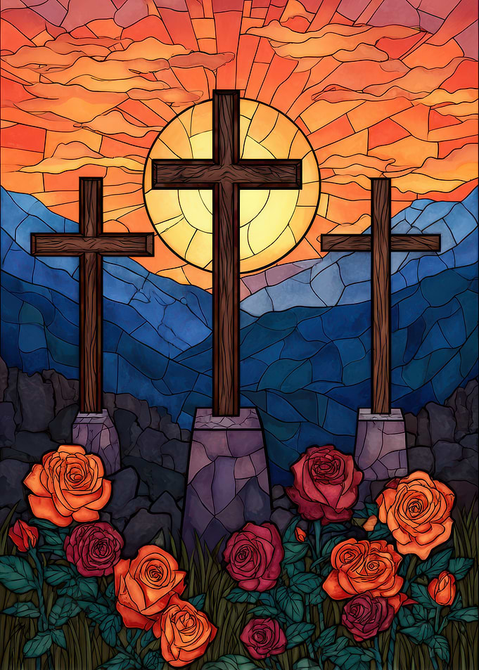 Three Crosses with Roses Stained Glass