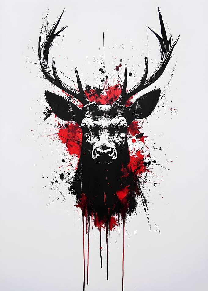 Abstract Deer Portrait with Red Splatters