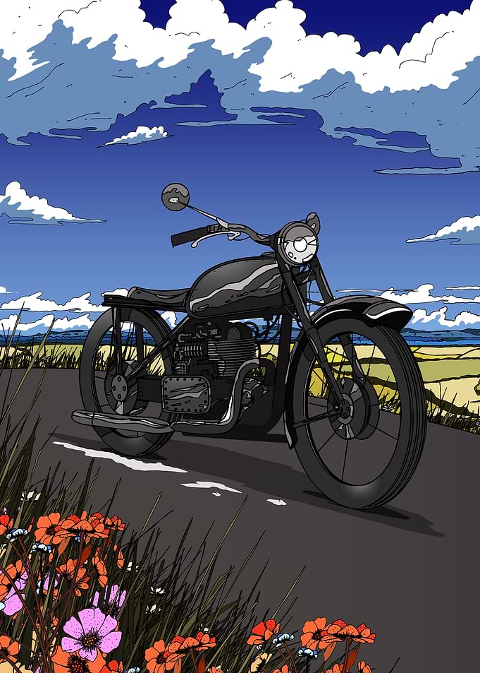 Vintage Motorcycle on Road with Flowers
