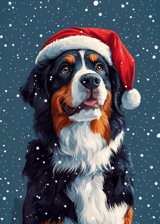 Bernese Mountain Dog in Santa Hat | Christmas Dog Wall Art