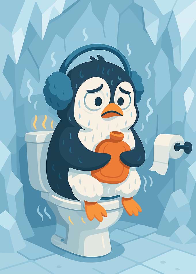 Cold Penguin on Toilet Cartoon