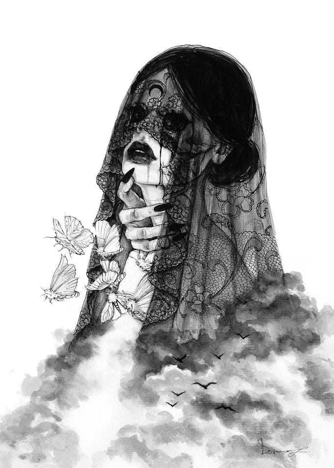 Veiled Woman with Moths and Clouds