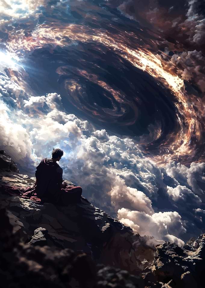 Monk Meditating Before Cosmic Storm