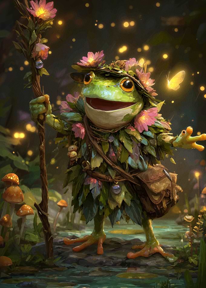Frog adventurer in a magical forest