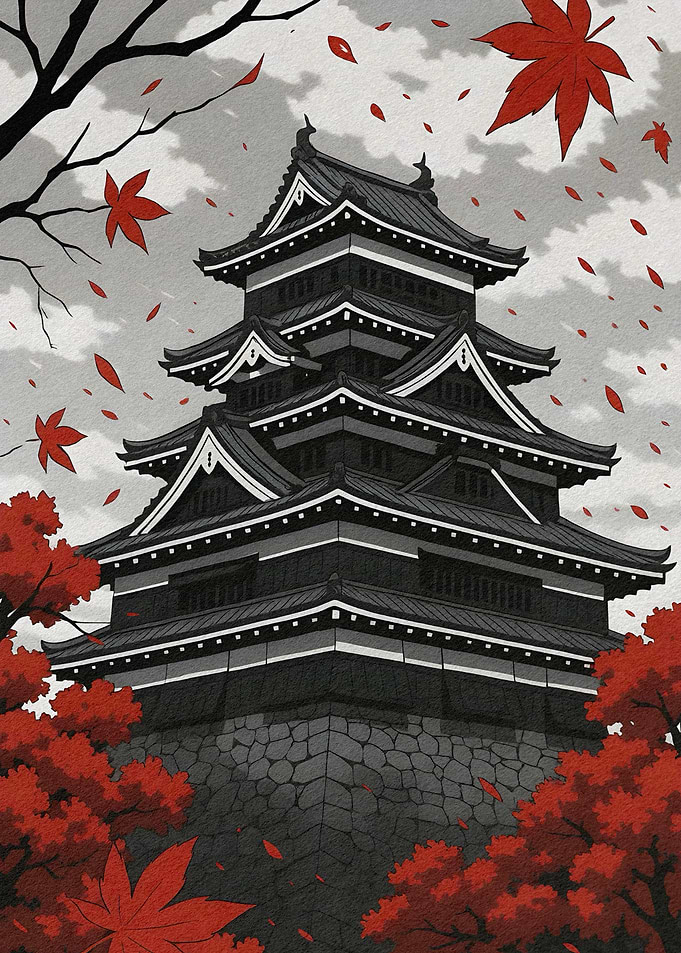 Japanese Castle with Autumn Leaves