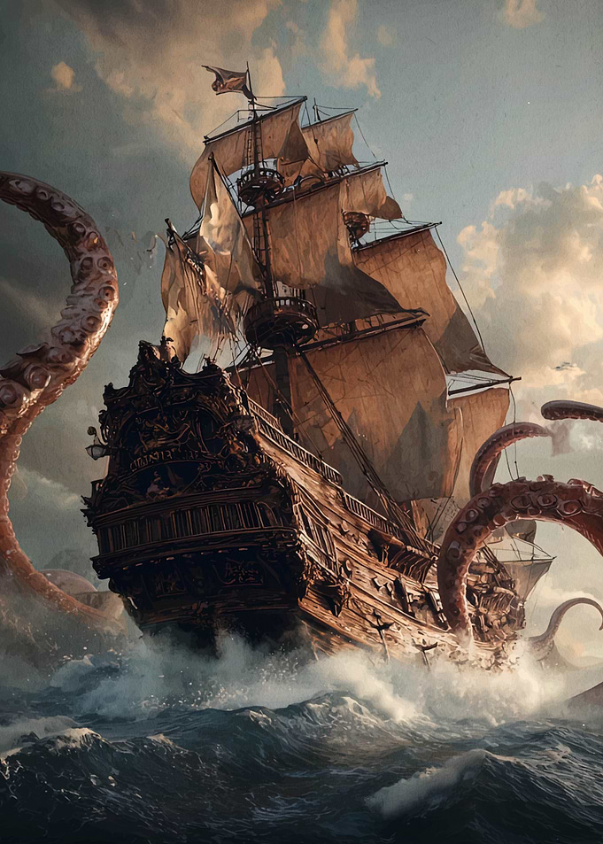 Ship attacked by giant octopus tentacles