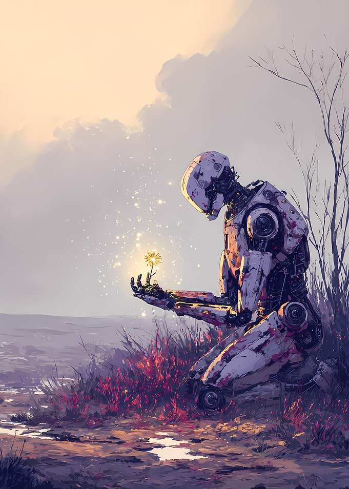 Robot Holding a Flower in a Barren Landscape