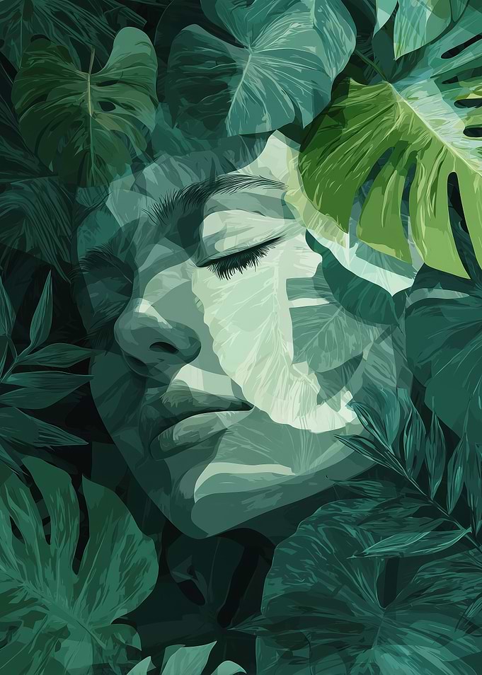 Woman's Face Surrounded by Green Leaves