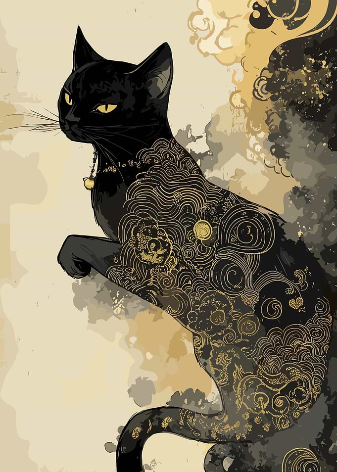Elegant Black Cat with Golden Details