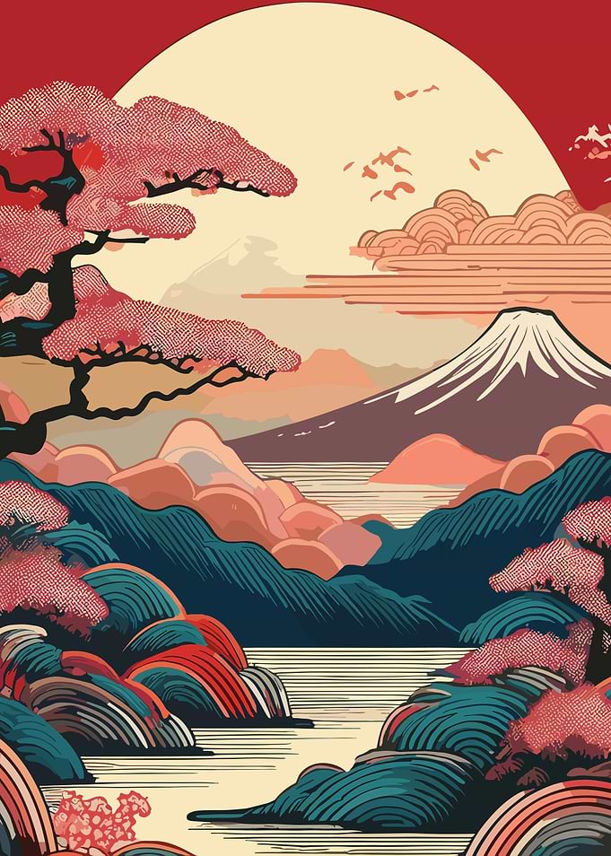 Japanese Landscape with Mount Fuji