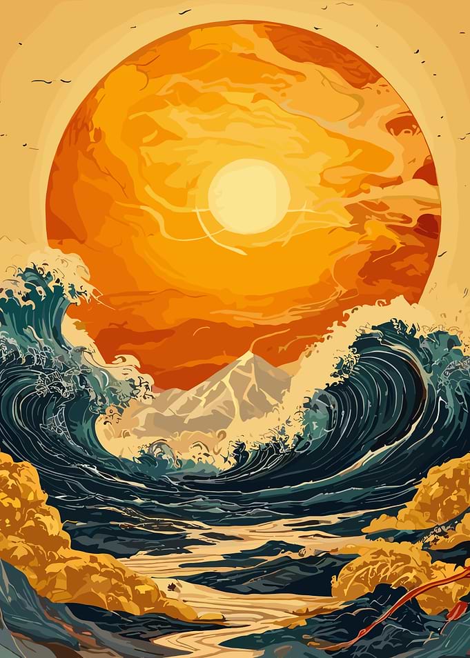 Great Wave with Sun and Mountain