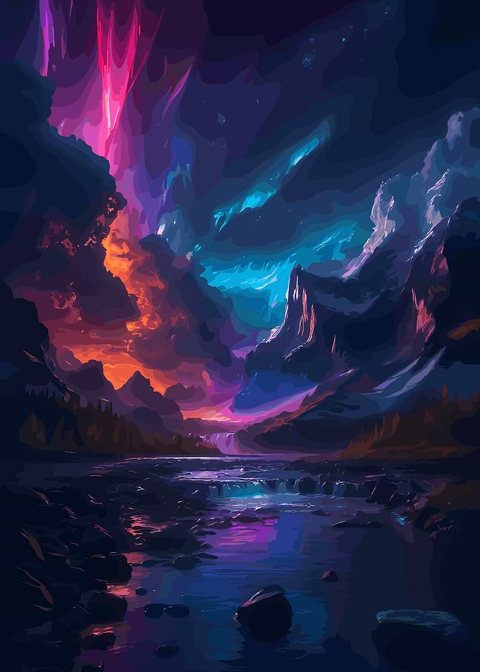 Colorful Mountain Landscape with River