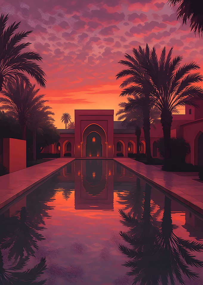 Moroccan courtyard at sunset with pool